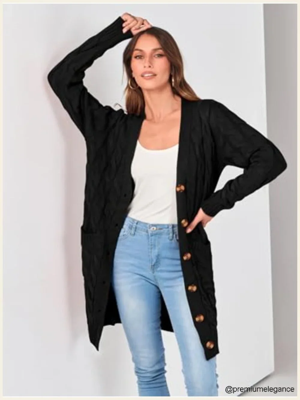 Long Cable Knit Cardigan with Pockets Chunky Open Front Button Down Sweater